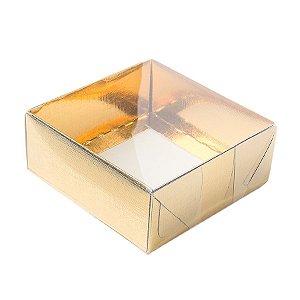 Caixa 4 Doces com Tampa Transparente Nº 4 (8,5cm x 8,5cm x 3,5cm) Dourada 10 unidades Assk Rizzo Embalagens