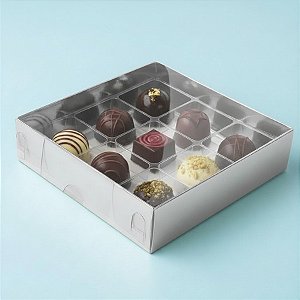 Caixa 9 Doces com Berço Tampa Transparente Nº 6 (11,5cm x 11,5cm x 3cm) Prata 10 unidades Assk Rizzo Embalagens