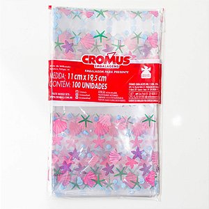 Saco Transparente Decorado - Conchas e Estrela do Mar - 11x19,5cm - 100 unidades - Cromus - Rizzo