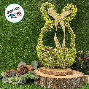Enfeite Decorativo de Páscoa - Cesta Rústico Orelha de Coelho Folhas Verde - 32cm - 1 unidade - Cromus - Rizzo