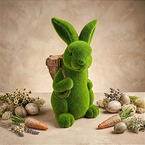 Coelho Decorativo de Grama com Cesto nas Costas - Cor Verde e Marrom - 36cm - 1 unidade - Cromus - Rizzo