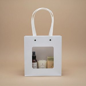 Sacola de Papel com Gaveta e Visor Alça Branca 18x16,5x8,5 - Branca - 1 unidade - Rizzo