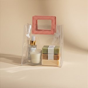 Sacola Transparente PVC com Alça Quadrada de Couro Rosa - 15x15x10cm - 1 unidade - Rizzo
