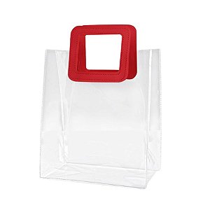 Sacola Transparente PVC com Alça Quadrada de Couro Vermelho - 26x22x12cm - 1 unidade - Rizzo