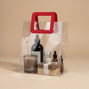 Sacola Transparente PVC com Alça Quadrada de Couro Vermelho - 20x18x10cm - 1 unidade - Rizzo