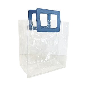 Sacola Transparente PVC com Alça Quadrada de Couro Azul - 26x22x12cm - 1 unidade - Rizzo
