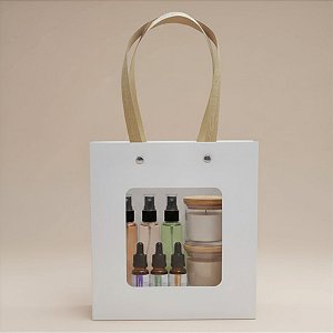 Sacola de Papel com Gaveta e Visor Alça de Fibra 18x16,5x8,5cm - Branca - 10 unidades - Rizzo