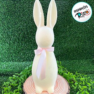 Enfeite Decorativo de Páscoa - Coelho Bege Flocado com Laço Rosa - 40cm - 1 unidade - Cromus - Rizzo