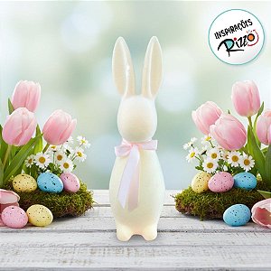 Enfeite Decorativo de Páscoa - Coelho Bege Flocado com Laço Rosa - 31cm - 1 unidade - Cromus - Rizzo