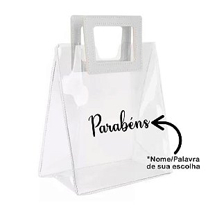 Sacola PVC com Alça Quadrada de Couro Branco Personalizado com Nome - 18x20x10cm - 1 unidade - Rizzo
