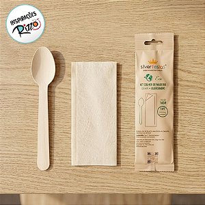 Kit Talher De Madeira Com Colher e Guardanapo - 14cm - 20 unidades - Rizzo