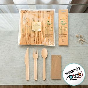 Kit Talher De Madeira Com Garfo, Faca, Colher e Guardanapo - 16cm - 20 unidades - Rizzo
