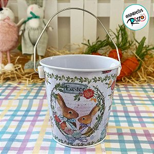 Balde de Metal de Páscoa - Família de Coelhos com Flores - 10,5cm - 1 unidade - Rizzo
