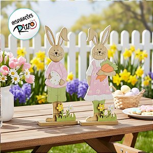 Casal de Coelhos em Pé Madeira Natural - 31cm x 12cm x 4cm - Linha Napolitano - Cromus Páscoa - Rizzo Embalagens