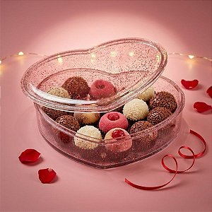 Caixa Acrílica Transparente Coração com Glitter Vermelho - 16,5cm - 1 unidade - Cromus - Rizzo