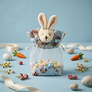 Bolsinha Coelho de Páscoa Transparente Floral Azul - 20cm x 12cm - Linha Bolsinhas - Cromus Páscoa - Rizzo Embalagens