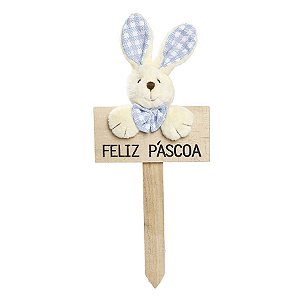 Plaquinha Feliz Páscoa Coelho Lacinho Xadrez Azul - 22cm x 10cm - Cromus Páscoa - Rizzo Embalagens