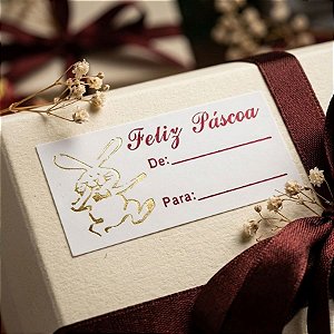 Etiqueta De Páscoa - De/Para - Coelho Dourado e Escrita Vermelha - 2cm - 100 unidades - Rizzo
