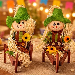 Enfeite Decorativo De Festa Junina De Mesa Espantalho Na Carriola - Verde - 23x26cm - 1 unidade - Rizzo