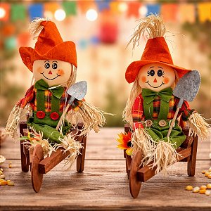 Enfeite Decorativo De Festa Junina De Mesa Espantalho Na Carriola - Laranja - 23x27cm - 1 unidade - Rizzo