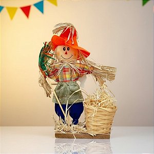 Enfeite Decorativo De Festa Junina Com Base Espantalho Com Cesta e Vassoura - Laranja - 1 unidade - Rizzo