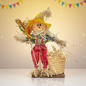 Enfeite Decorativo De Festa Junina Com Base Espantalho Com Cesta e Vassoura - Amarelo - 1 unidade - Rizzo