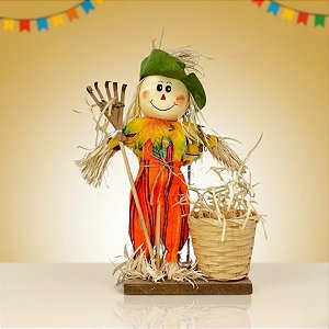 Enfeite Decorativo De Festa Junina Com Base Espantalho Com Cesta e Rastelo - Verde - 1 unidade - Rizzo
