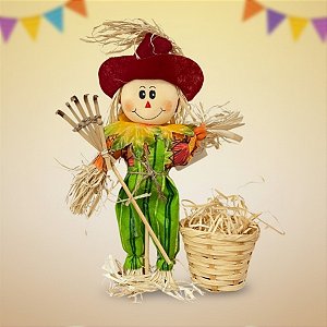 Enfeite Decorativo De Festa Junina Com Base Espantalho Com Cesta e Rastelo - Vermelho - 1 unidade - Rizzo