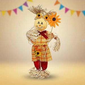 Enfeite Decorativo De Festa Junina Espantalha em Pé Segurando Girassol - 41,5cm - 1 unidade - Rizzo