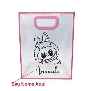 Sacola PVC com Alça Rosa Personalizado Labubu com Nome - 27x21x11cm - 1 unidade - Rizzo