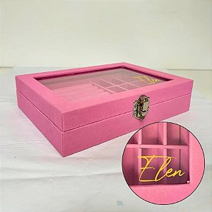 Porta Jóias Com Visor Personalizado com Nome Dourado - Rosa - 20x4x15cm - 1 unidade - Rizzo