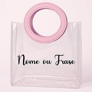 Sacola Transparente PVC Personalizado Escrita Preta com Alça Redonda de Couro Rosa Bebê - 15x15x10cm - 1 unidade - Rizzo