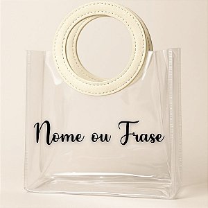 Sacola Transparente PVC Personalizado Escrita Preta com Alça Redonda de Couro Branco - 15x15x10cm - 1 unidade - Rizzo