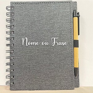Bloco para Anotação Personalizado  Escrita Branca De Couro com Caneta  - Preto Com Prata - 70 Folhas - 14,5x18cm - 1 uni