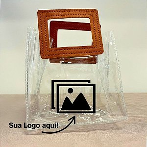 Sacola Transparente PVC Personalize Logo Preta com Alça Quadrada de Couro Marrom - 15x15x10cm - 1 unidade - Rizzo