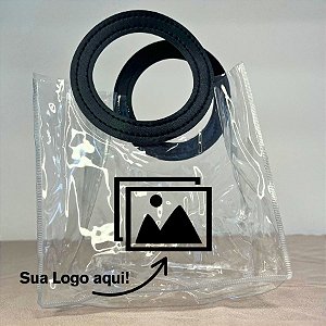 Sacola Transparente PVC Personalize Logo Preta com Alça Redonda de Couro Preto - 15x15x10cm - 1 unidade - Rizzo