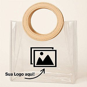 Sacola Transparente PVC Personalize Logo Rosa com Alça Redonda de Couro Rosa Bebê - 15x15x10cm - 1 unidade - Rizzo