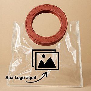 Sacola Transparente PVC Personalize Logo Vinho com Alça Redonda de Couro Vinho - 15x15x10cm - 1 unidade - Rizzo