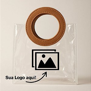 Sacola Transparente PVC Personalize logo Preta com Alça Redonda de Couro Marrom - 15x15x10cm - 1 unidade - Rizzo