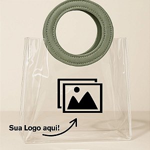 Sacola Transparente PVC Personalize Logo Preta com Alça Redonda de Couro Verde Musgo - 15x15x10cm - 1 unidade - Rizzo