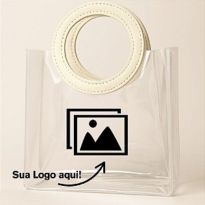 Sacola Transparente PVC Personalize Logo Branca com Alça Redonda de Couro Branco - 15x15x10cm - 1 unidade - Rizzo