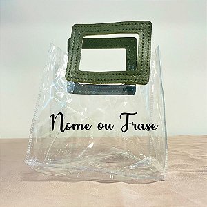 Sacola Transparente PVC Personalizado Escrita Preta com Alça Quadrada de Couro Verde Musgo - 15x15x10cm - 1 unidade - Ri