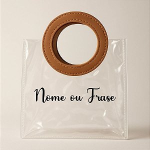 Sacola Transparente PVC Personalizado Escrita Preta com Alça Redonda de Couro Marrom - 15x15x10cm - 1 unidade - Rizzo