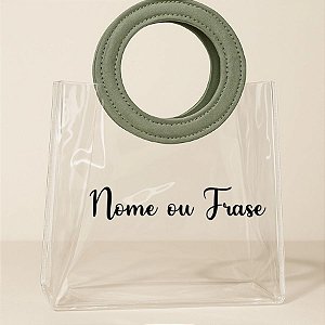 Sacola Transparente PVC Personalizado Escrita Preta com Alça Redonda de Couro Verde Musgo - 15x15x10cm - 1 unidade - Riz