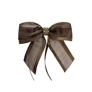 Laço Com Strass Dourado - Marrom - 8x8cm - 1 unidade - Rizzo