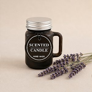 Vela Perfumada Lavanda no Vidro Preto com Etiqueta – 4x7cm - 1 unidade - Rizzo