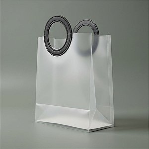 Sacola Transparente Fosca PVC com Alça Redonda de Couro Preto - 27x23x11cm - 10 unidades - Rizzo