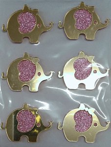 Aplique Elefante Rosa com Glitter Festa Safari 4cm - 6 Unidades - Vivart Rizzo Festas
