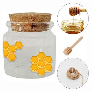 Kit Potinho de Vidro de Favo com Dosador de Mel - Fio de Juta e Tampa de Rolha 50ml - 4,5cm - 24 unidades - Rizzo