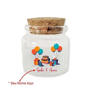 Kit Potinho de Vidro Personalizado de Aniversário com Tampa de Rolha 50ml - 4,5cm - 24 unidades - Rizzo
